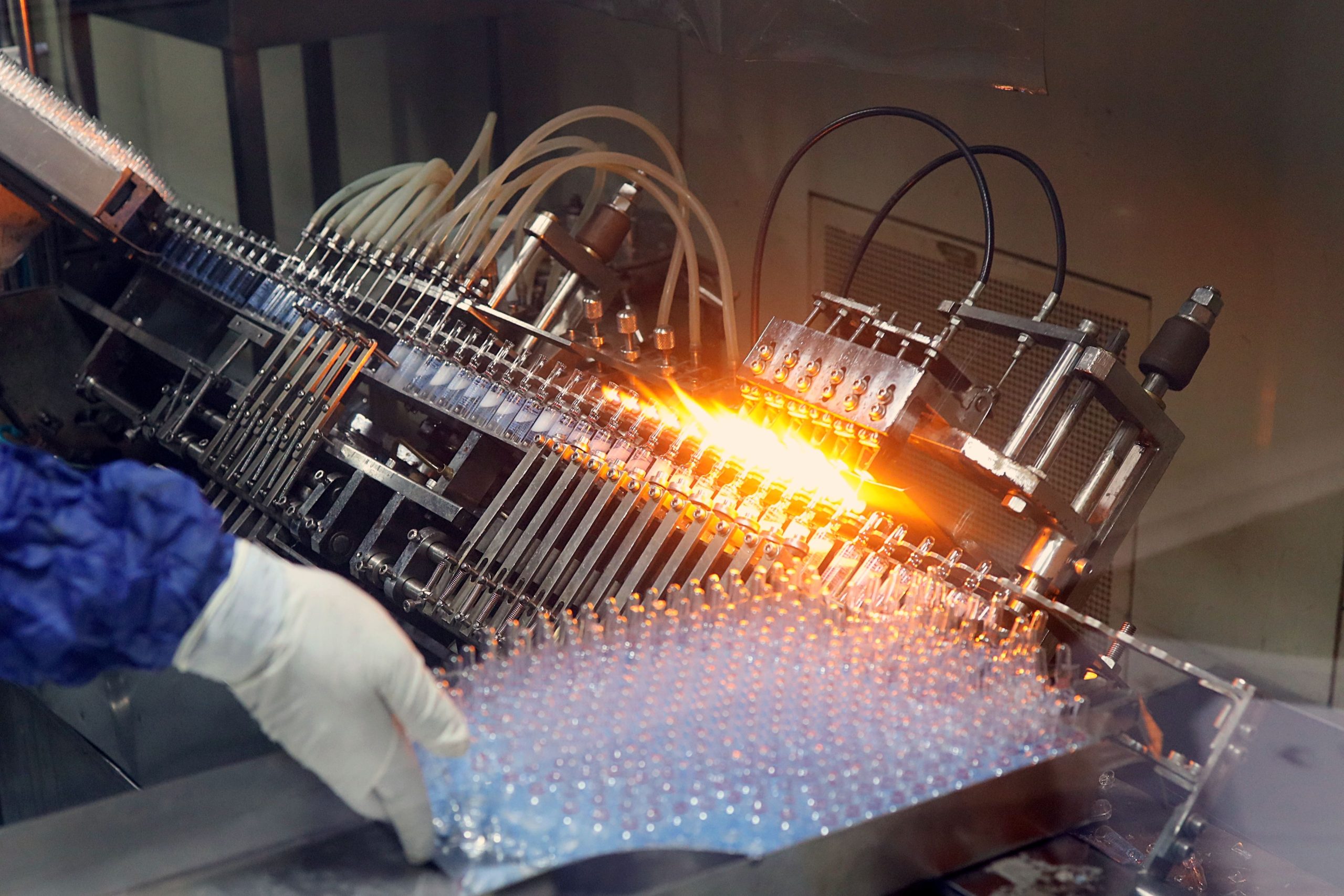 Pharmaceutical manufacturing production line in operation